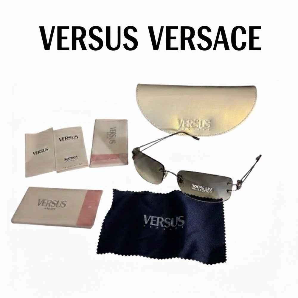 Versus Versace Vintage Silver Gunmetal Rimless Wraparound Sunglasses NWT Italy
